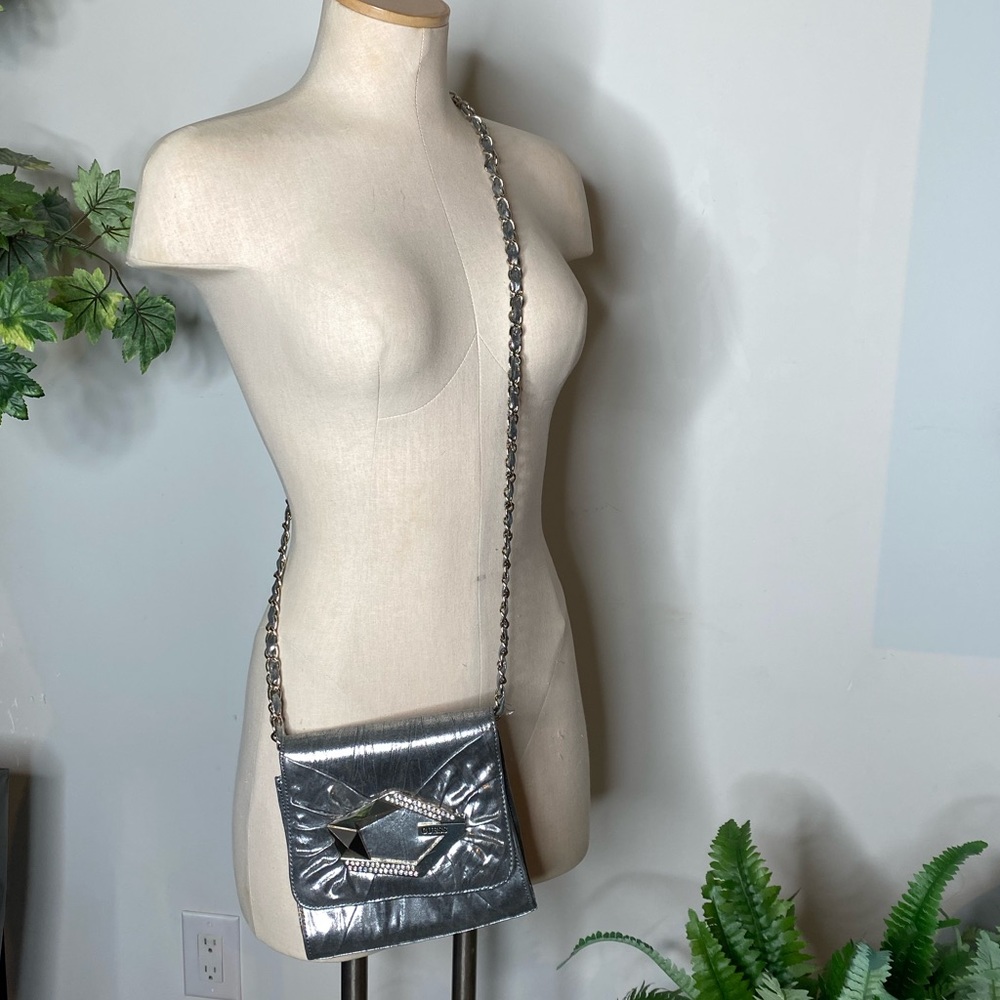 Metallic Silver GUESS Crossbody Shoulder Clutch Purse